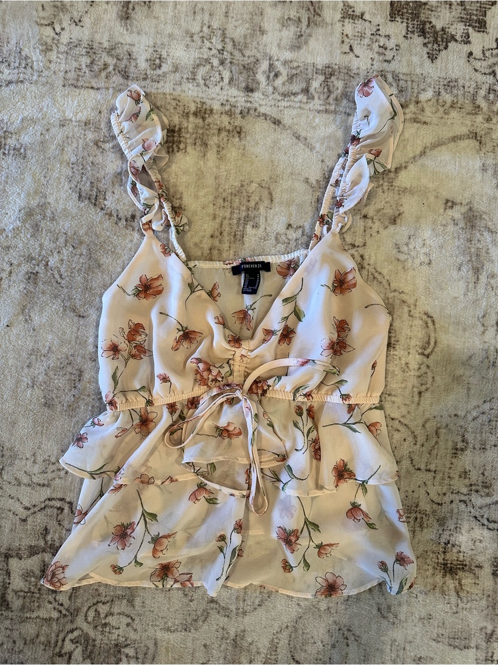 Forever 21 Cream Floral Ruffle Tie-Front Cami with Peach Blossoms